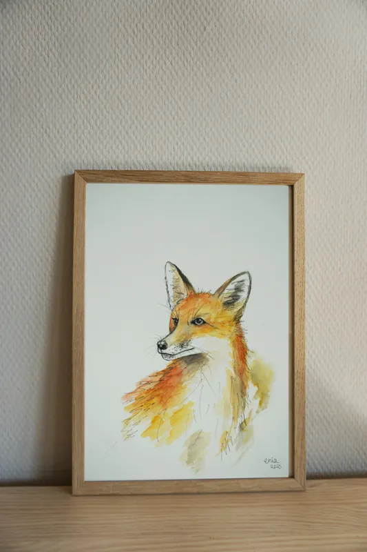 Der Fuchs setzt sich aus leuchtenden Orange- und Rottönen zusammen. Hier wurde die Aquarelltechnik mit dünnem Fineliner kombiniert.